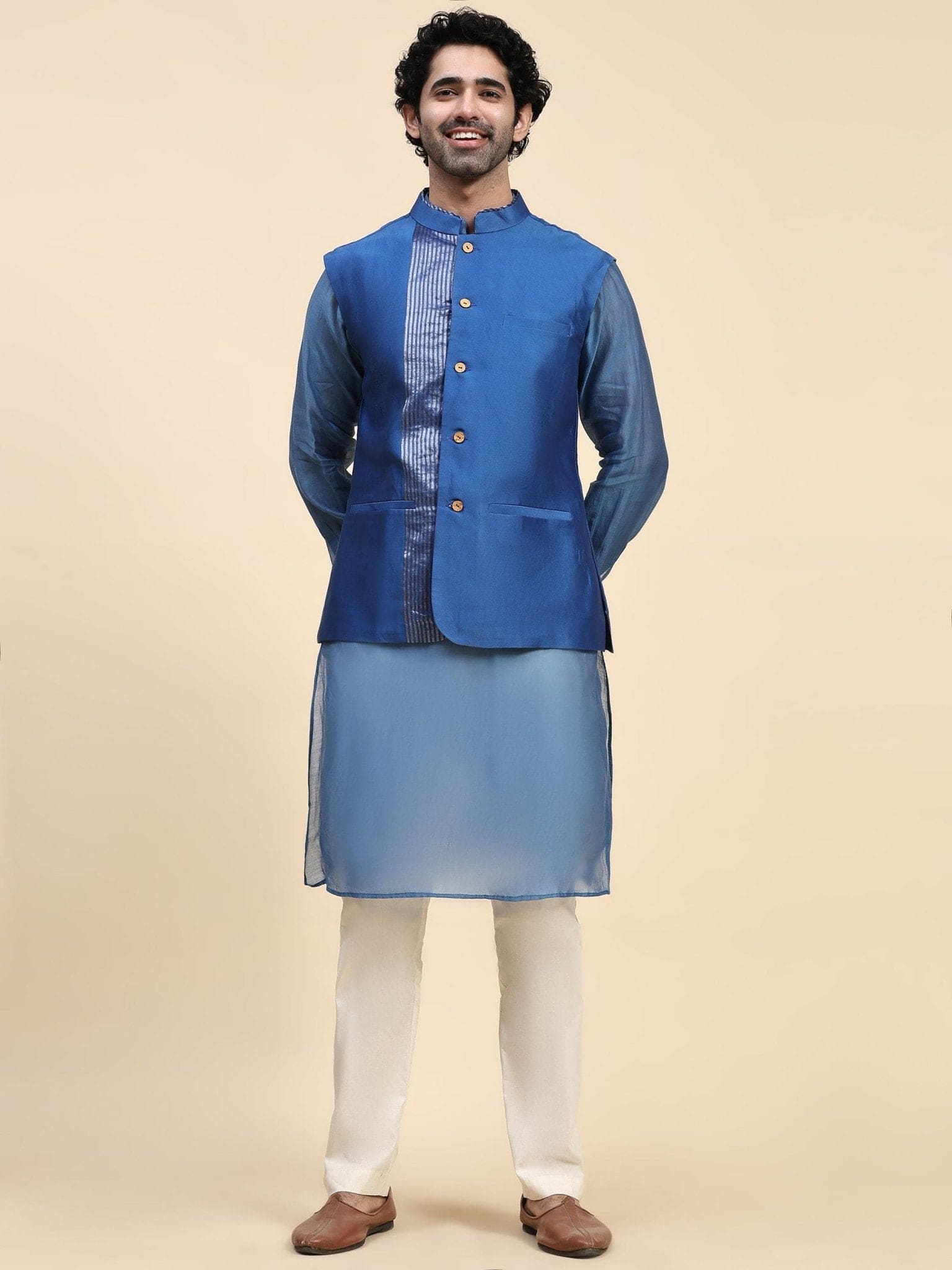 Blue Chanderi Men Kurta Set - Charkha TalesBlue Chanderi Men Kurta Set