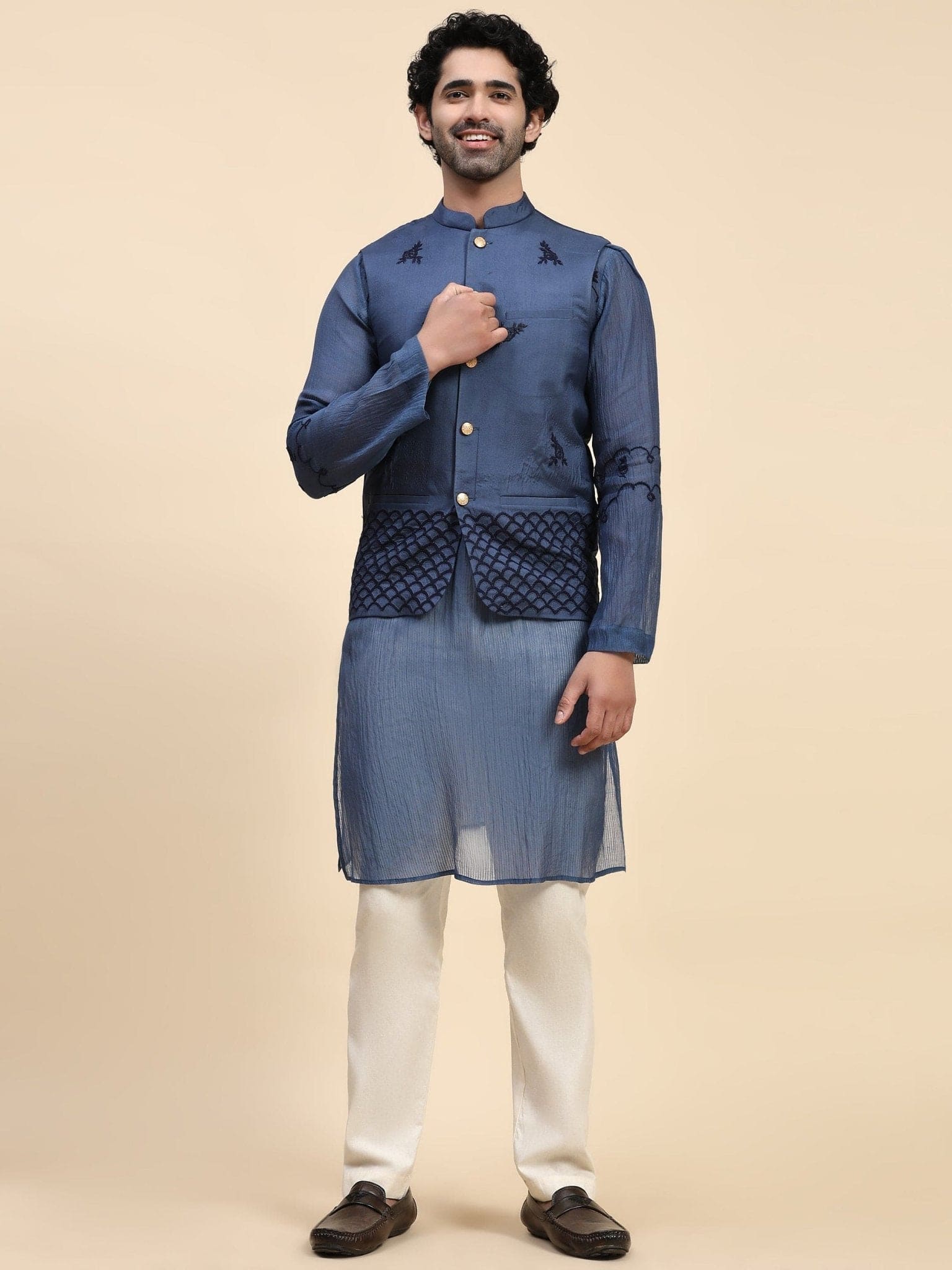 Blue Chanderi Silk Men Kurta Set - Charkha TalesBlue Chanderi Silk Men Kurta Set