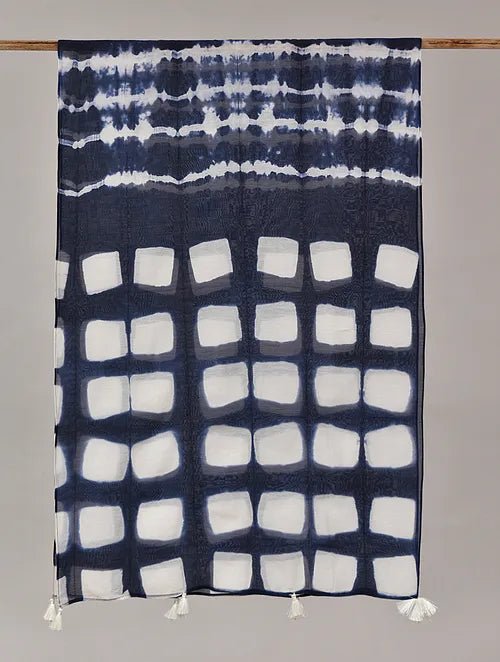 Blue Clamp Dye Chanderi Silk Stole - Charkha TalesBlue Clamp Dye Chanderi Silk Stole