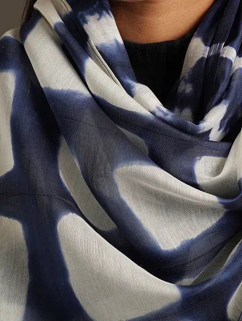 Blue Clamp Dye Chanderi Silk Stole - Charkha TalesBlue Clamp Dye Chanderi Silk Stole