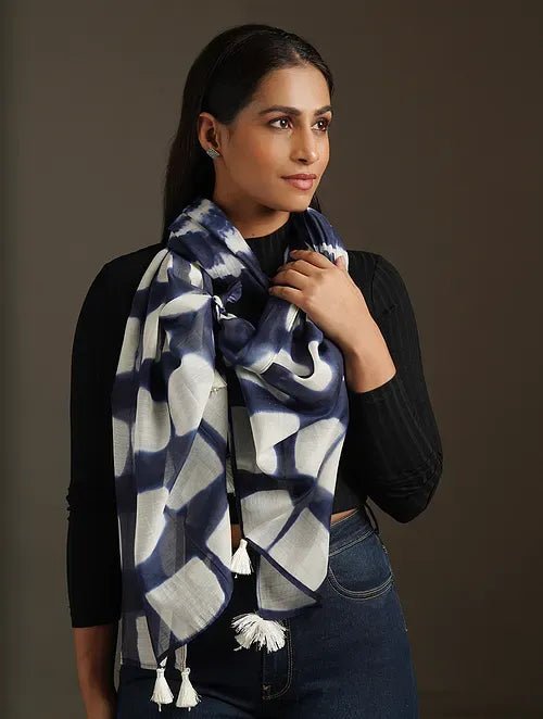 Blue Clamp Dye Chanderi Silk Stole - Charkha TalesBlue Clamp Dye Chanderi Silk Stole