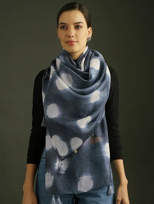 Blue Clamp Dye Chanderi Silk Stole - Charkha TalesBlue Clamp Dye Chanderi Silk Stole