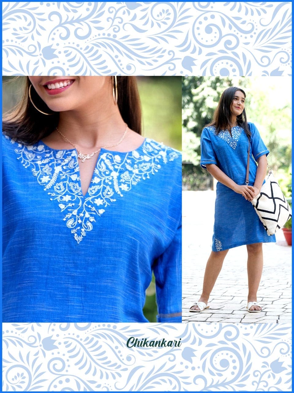 Blue Cotton Chikankari Dress. - Charkha TalesBlue Cotton Chikankari Dress.