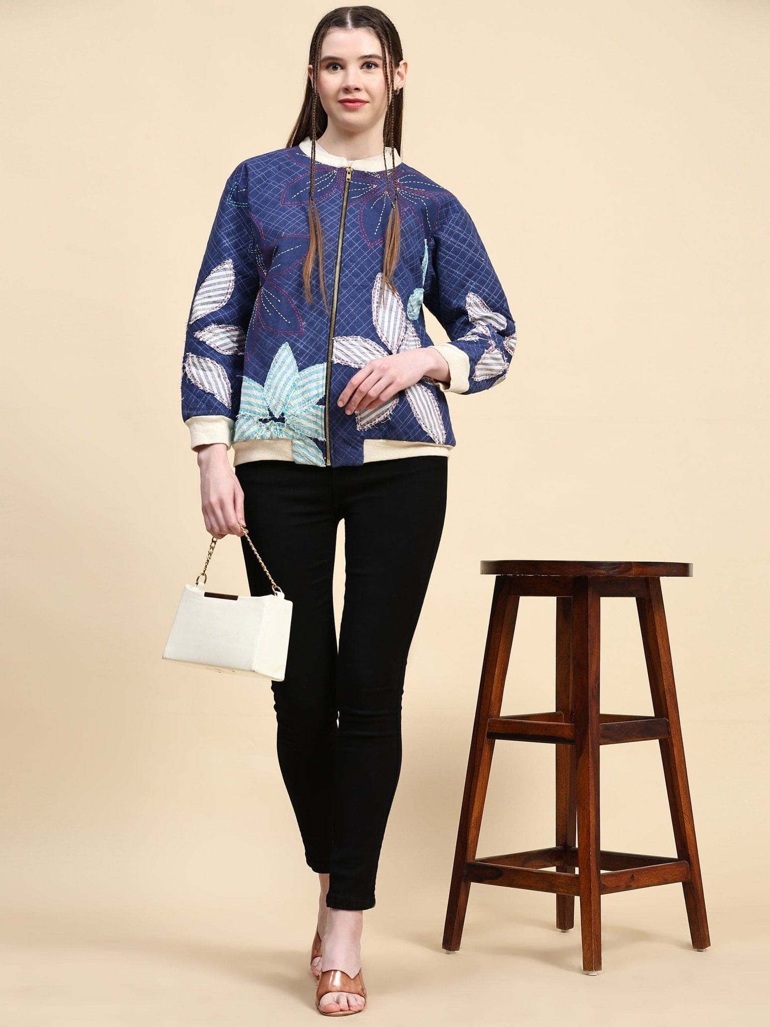 Blue Cotton Khadi Kantha Work Jacket - Charkha TalesBlue Cotton Khadi Kantha Work Jacket