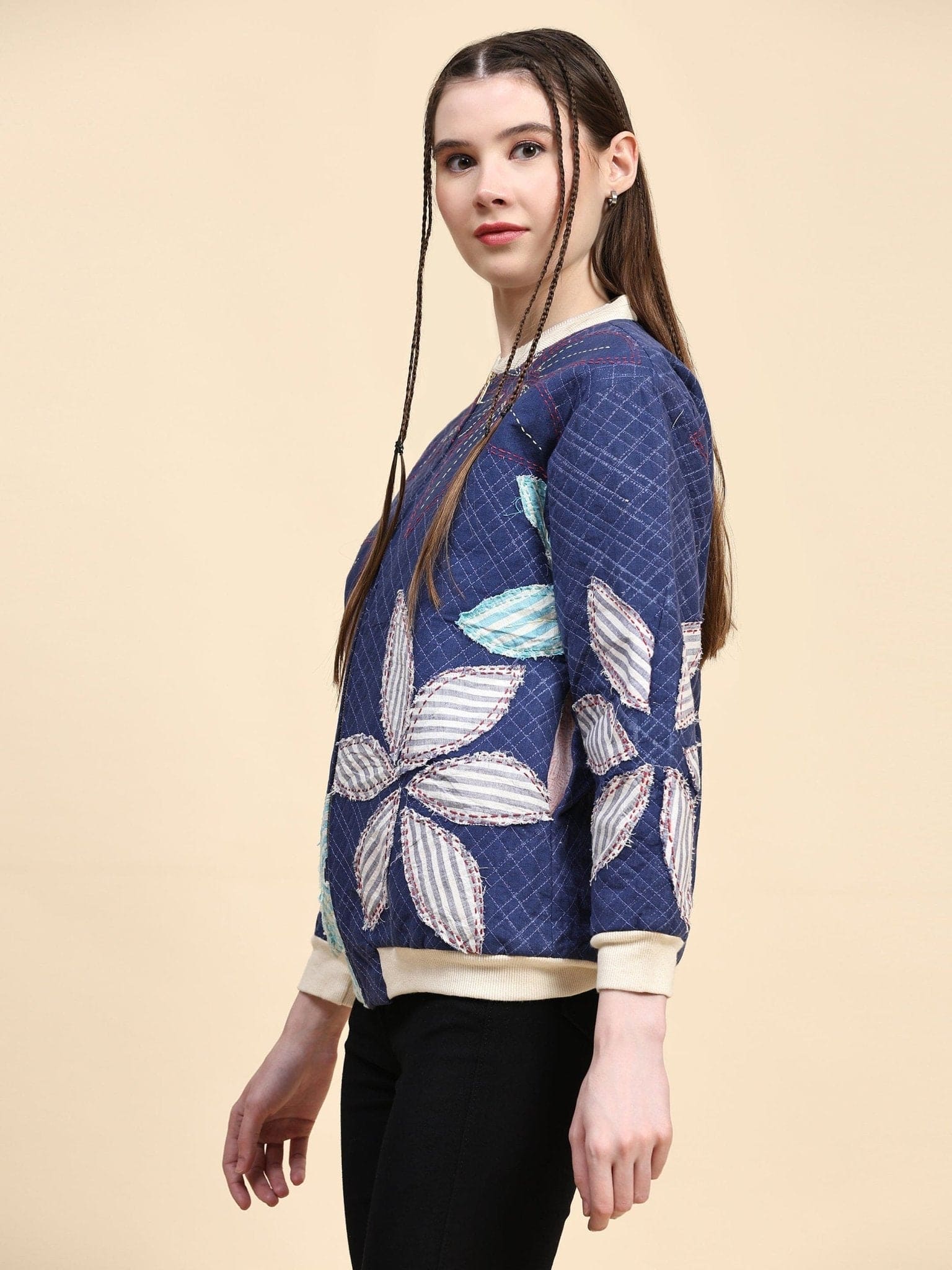 Blue Cotton Khadi Kantha Work Jacket - Charkha TalesBlue Cotton Khadi Kantha Work Jacket