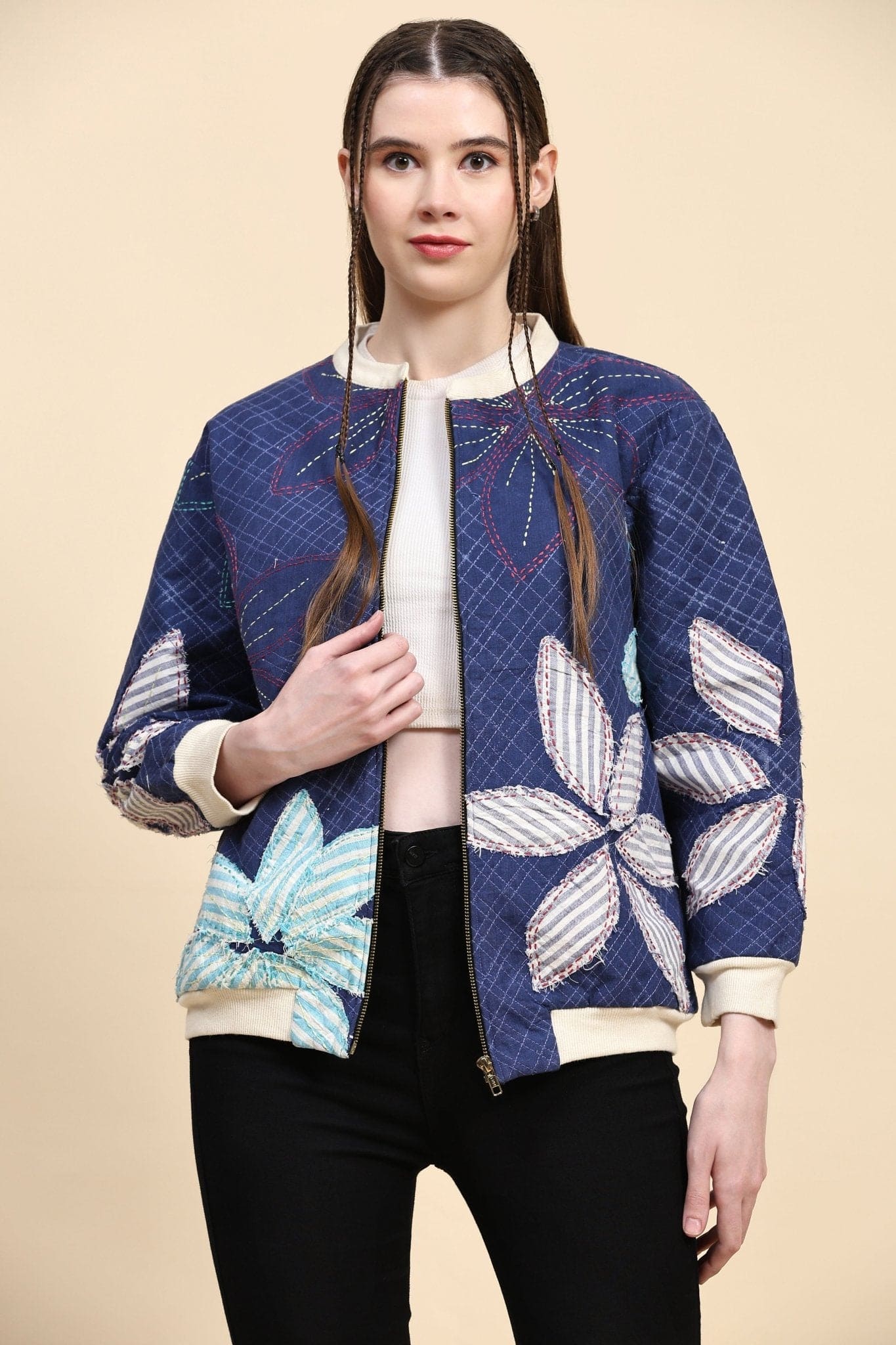 Blue Cotton Khadi Kantha Work Jacket - Charkha TalesBlue Cotton Khadi Kantha Work Jacket