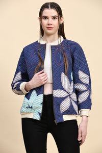 Cotton Khadi Kantha Work Jacket - Blue