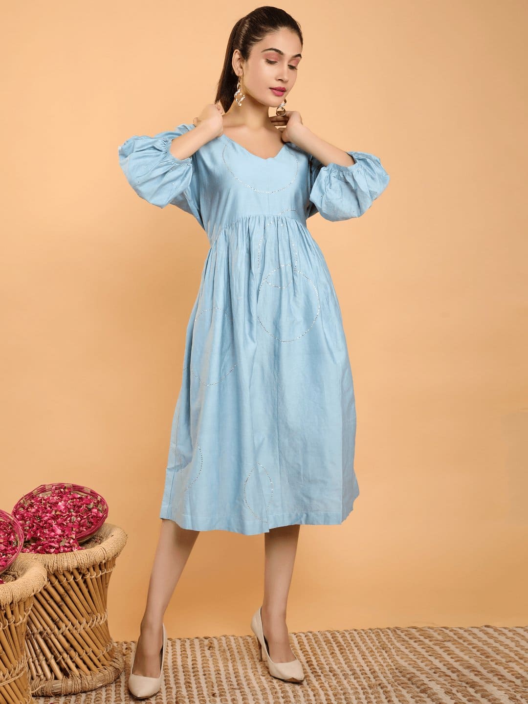 Blue Grey Chanderi Mukaish dress - Charkha TalesBlue Grey Chanderi Mukaish dress