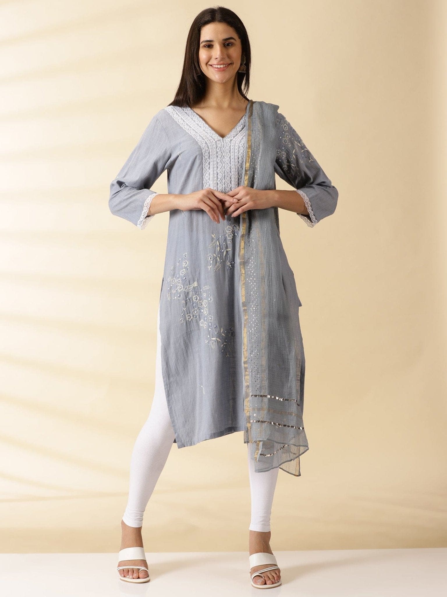 Blue Grey Chikankari Anarkali Kurta Set - Charkha TalesBlue Grey Chikankari Anarkali Kurta Set