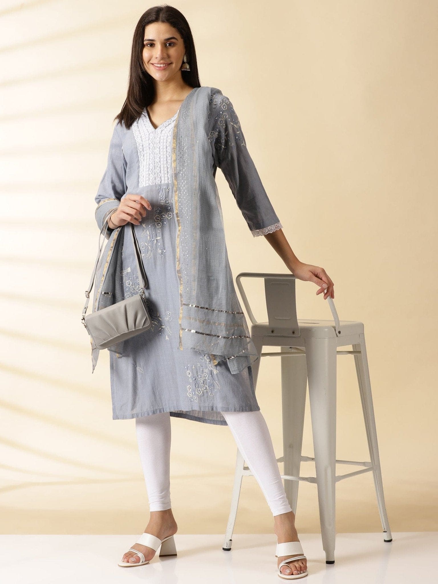 Blue Grey Chikankari Anarkali Kurta Set - Charkha TalesBlue Grey Chikankari Anarkali Kurta Set