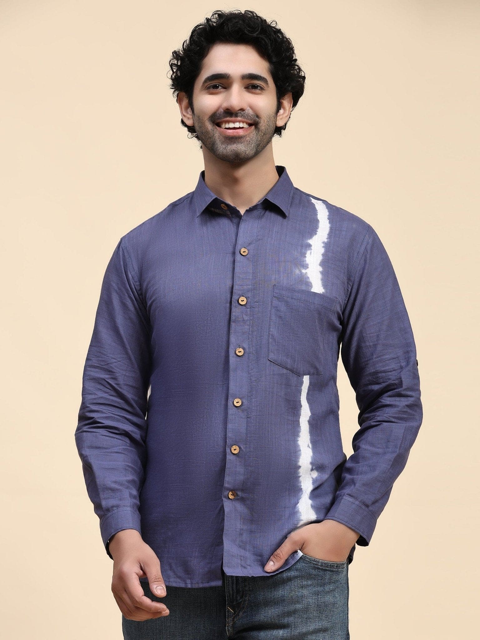 Blue Hand Dyed Cotton Men Shirt - Charkha TalesBlue Hand Dyed Cotton Men Shirt