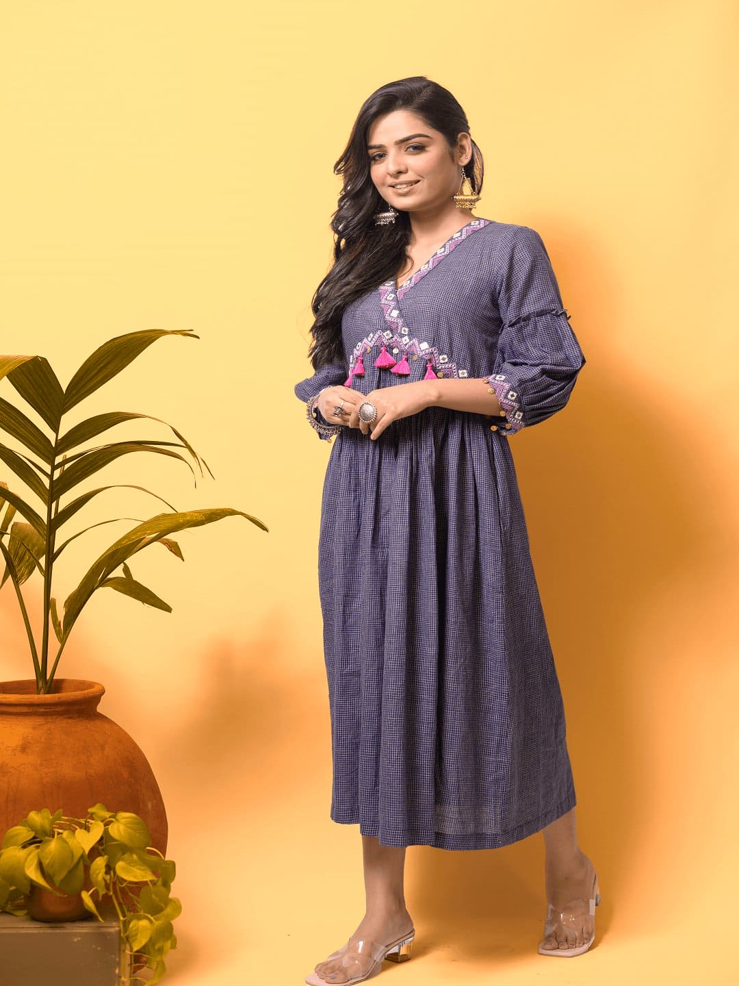 Blue Khadi-Check Boho Dress - Charkha TalesBlue Khadi-Check Boho Dress