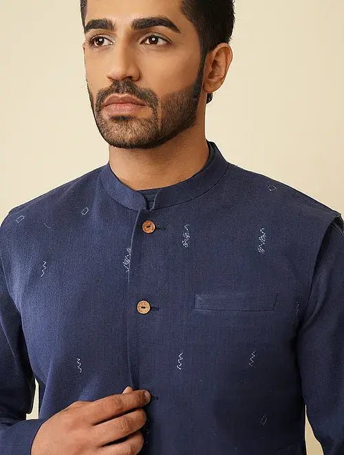 Blue Khadi Cotton Jacket - Charkha TalesBlue Khadi Cotton Jacket