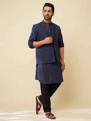 Blue Khadi Cotton Kurta with Jacket (Set of 2) - Charkha TalesBlue Khadi Cotton Kurta with Jacket (Set of 2)