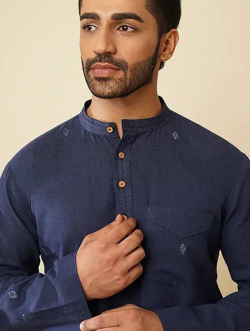 Blue Khadi Cotton Kurta with Jacket (Set of 2) - Charkha TalesBlue Khadi Cotton Kurta with Jacket (Set of 2)