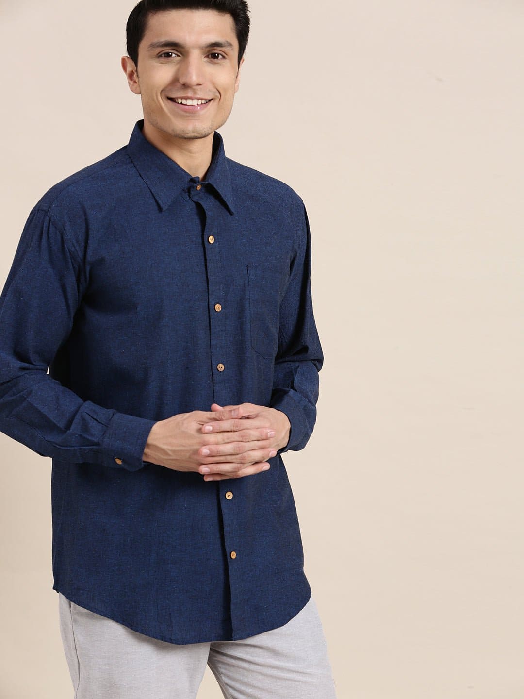 Blue Khadi Men Shirt - Charkha TalesBlue Khadi Men Shirt