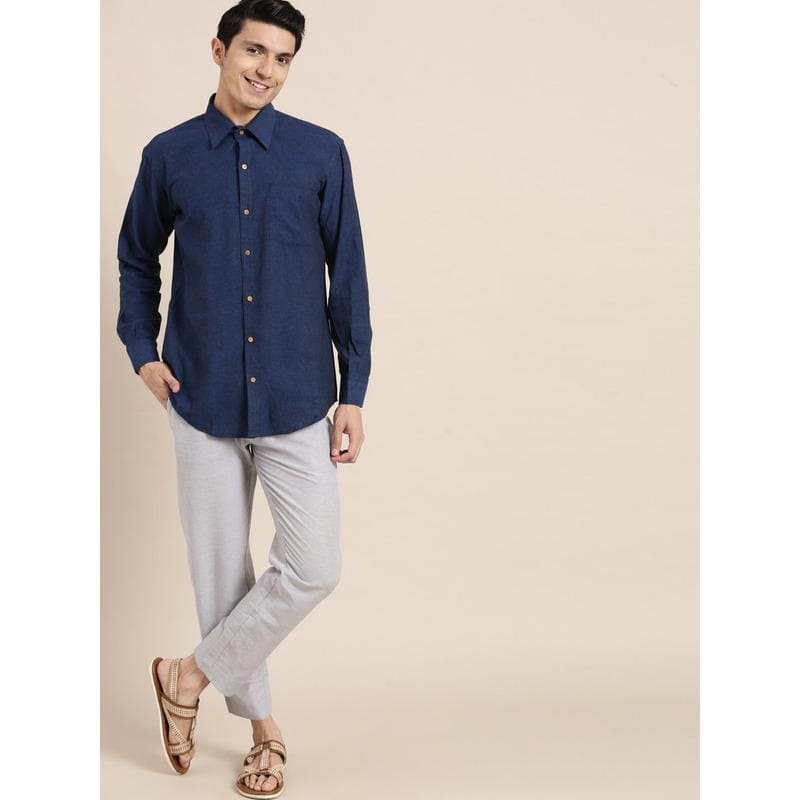 Blue Khadi Men Shirt - Charkha TalesBlue Khadi Men Shirt