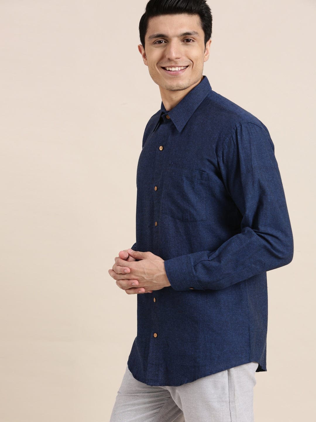 Blue Khadi Men Shirt - Charkha TalesBlue Khadi Men Shirt