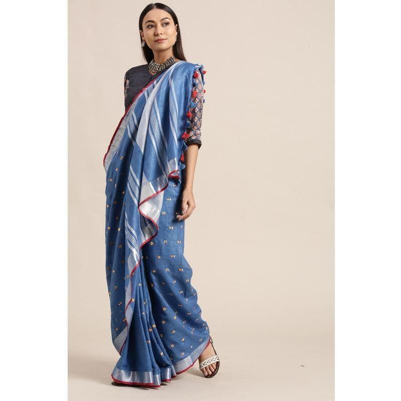 Blue Linen Embroidered Saree - Charkha TalesBlue Linen Embroidered Saree