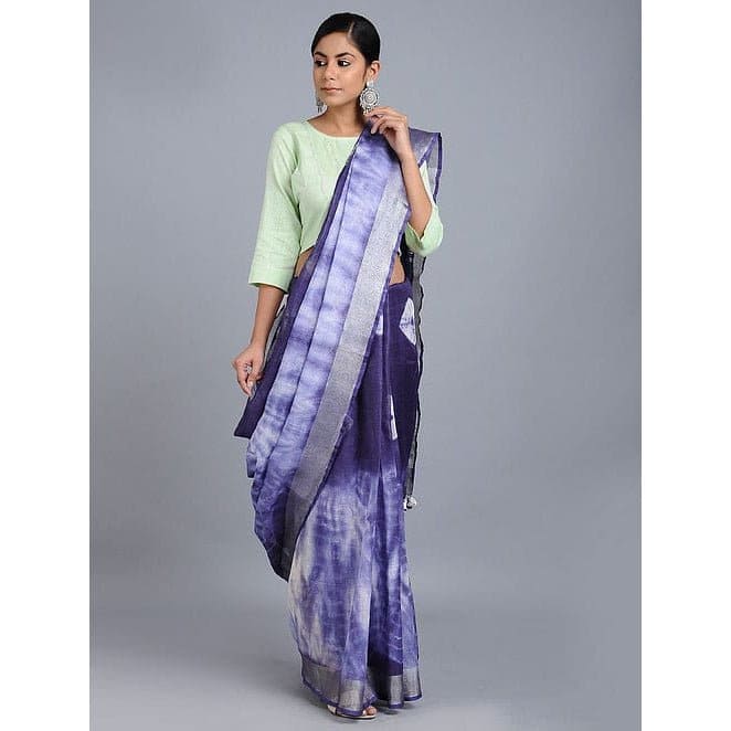 Blue Linen Shibori Saree - Charkha TalesBlue Linen Shibori Saree