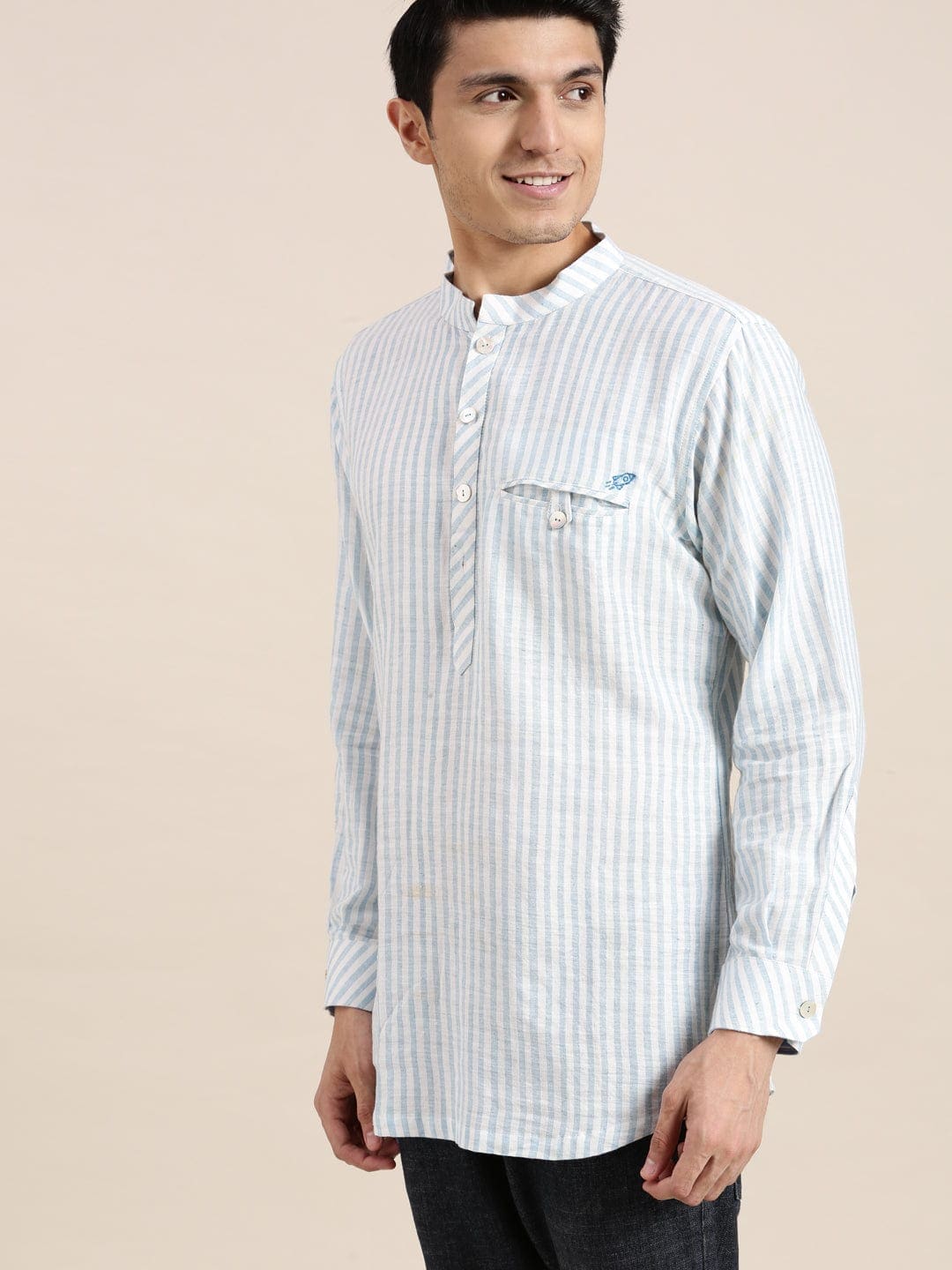 Blue Linen Soft Cotton Men Shirt - Charkha TalesBlue Linen Soft Cotton Men Shirt