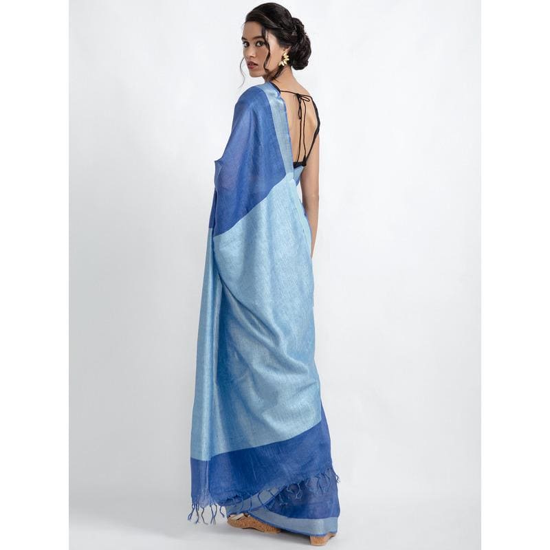 Blue Linen Zari Saree - Charkha TalesBlue Linen Zari Saree