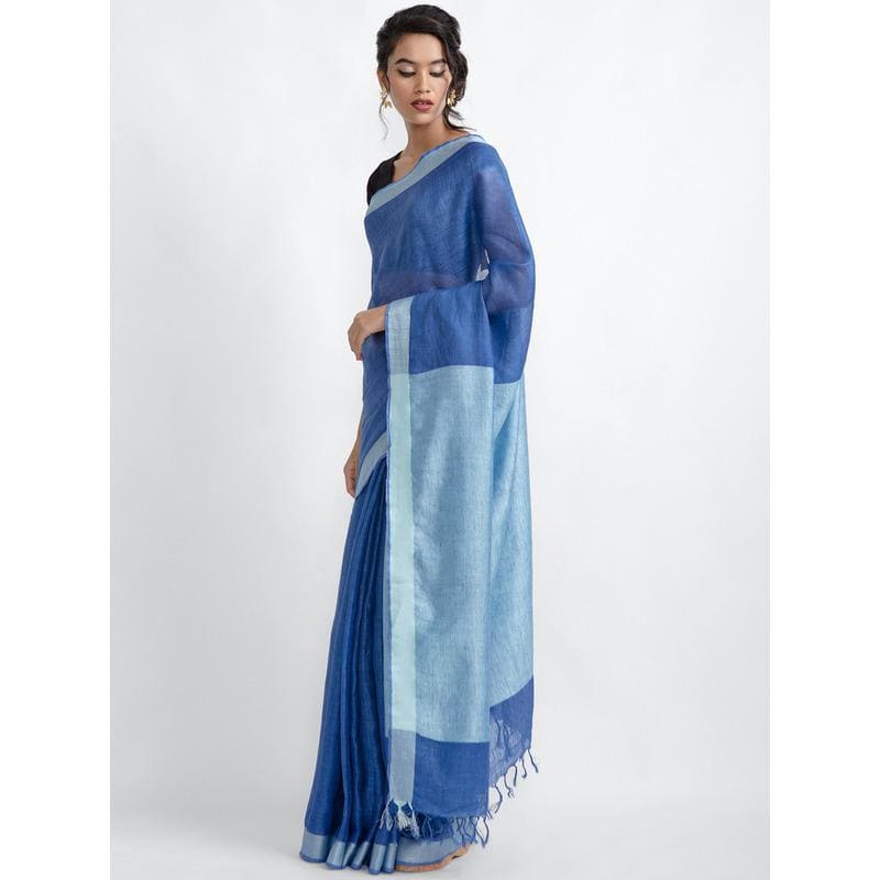 Blue Linen Zari Saree - Charkha TalesBlue Linen Zari Saree