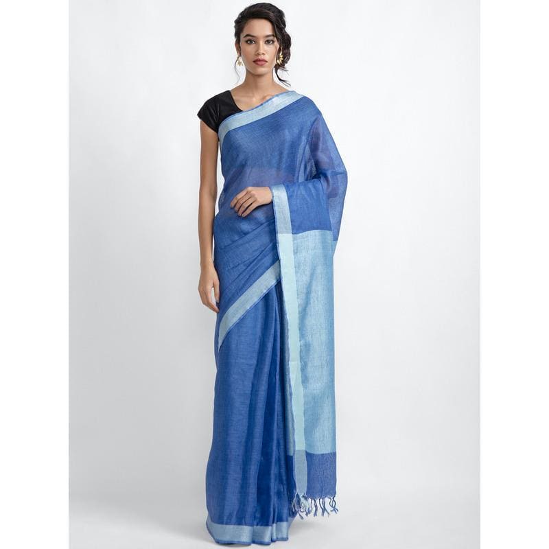 Blue Linen Zari Saree - Charkha TalesBlue Linen Zari Saree