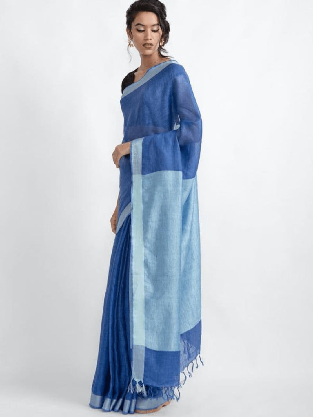 Blue Linen Zari Saree - Charkha TalesBlue Linen Zari Saree