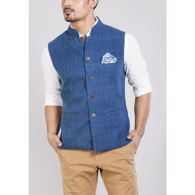 Blue Men Cotton Jacket - Charkha TalesBlue Men Cotton Jacket