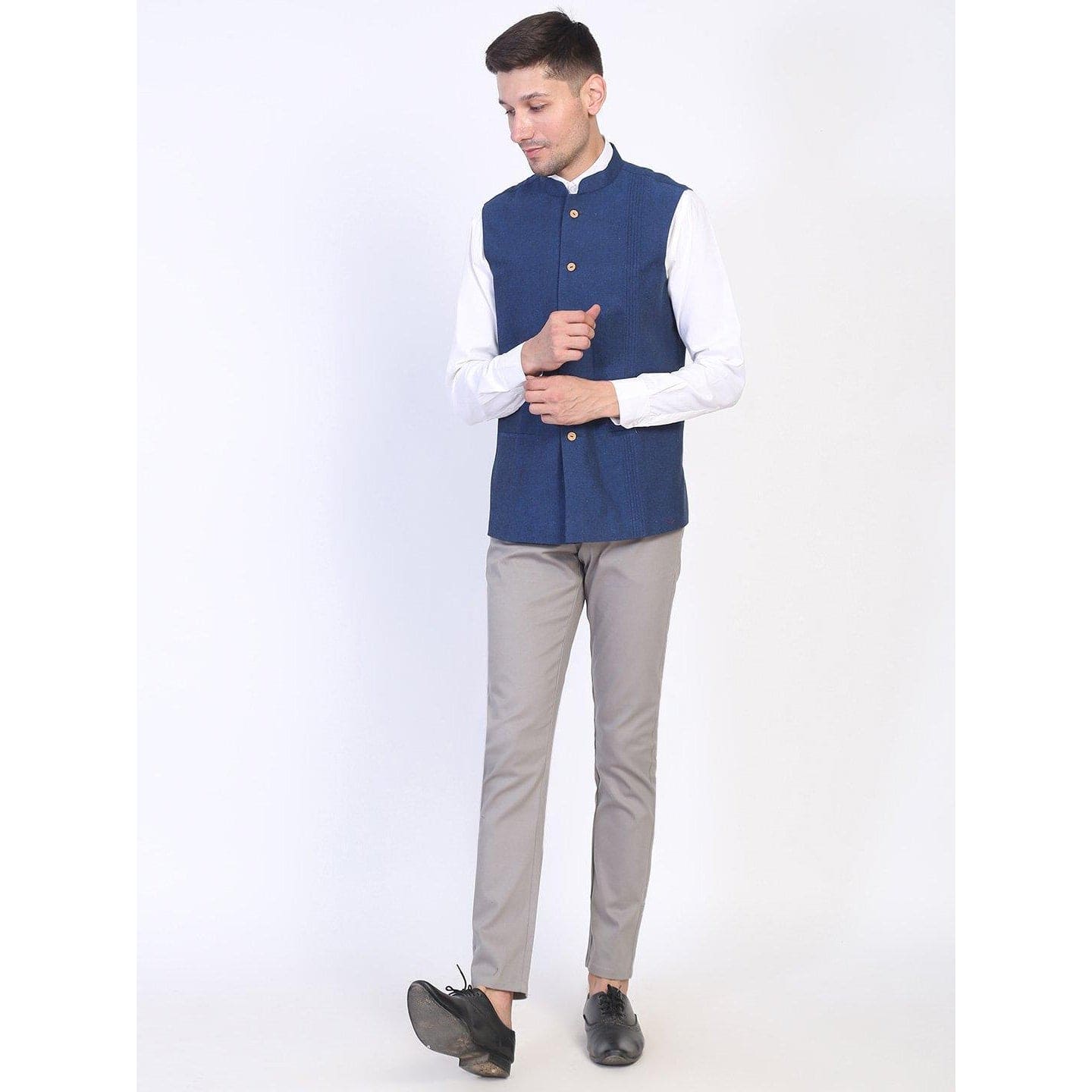 Blue Men Khadi Cotton Sadri - Charkha TalesBlue Men Khadi Cotton Sadri