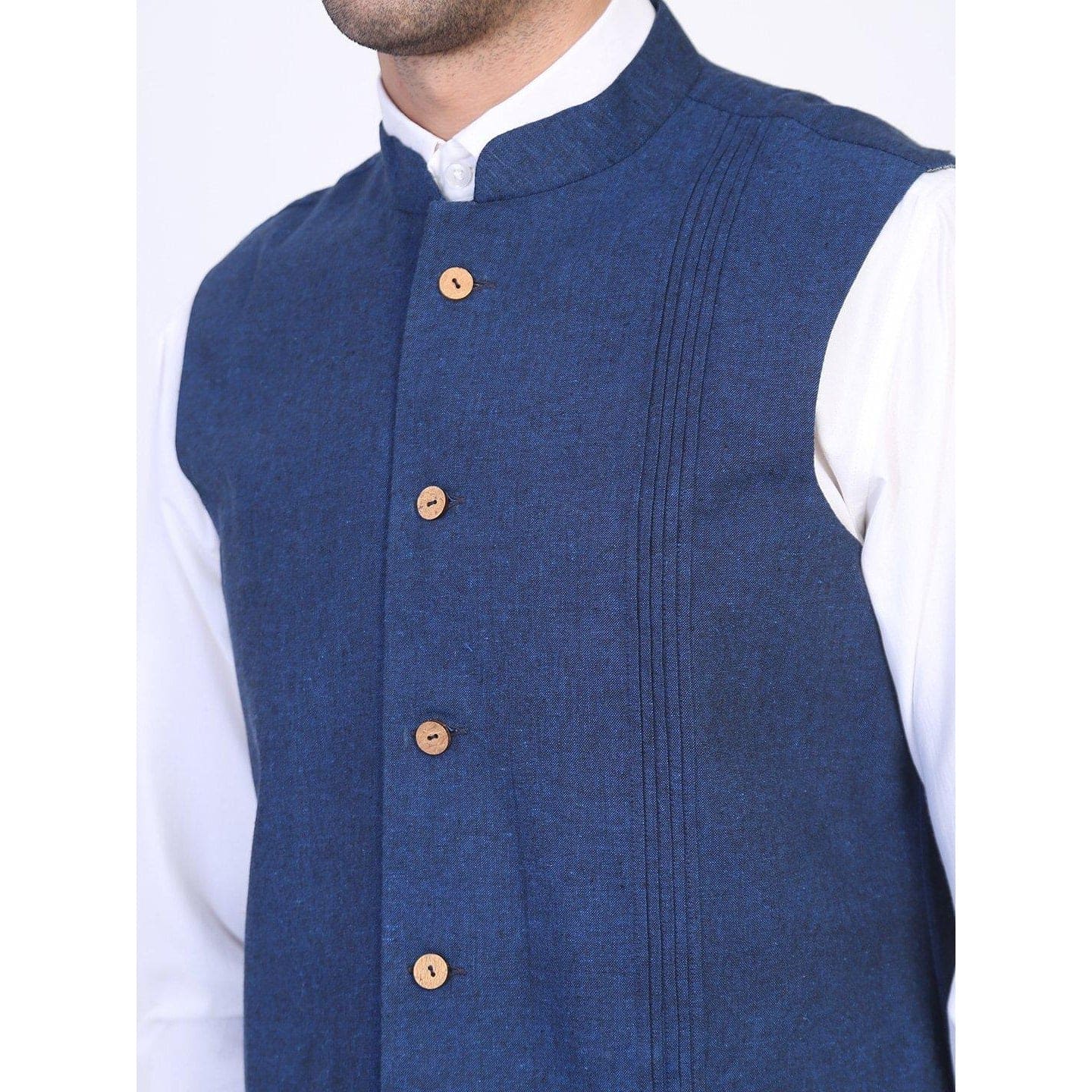 Blue Men Khadi Cotton Sadri - Charkha TalesBlue Men Khadi Cotton Sadri
