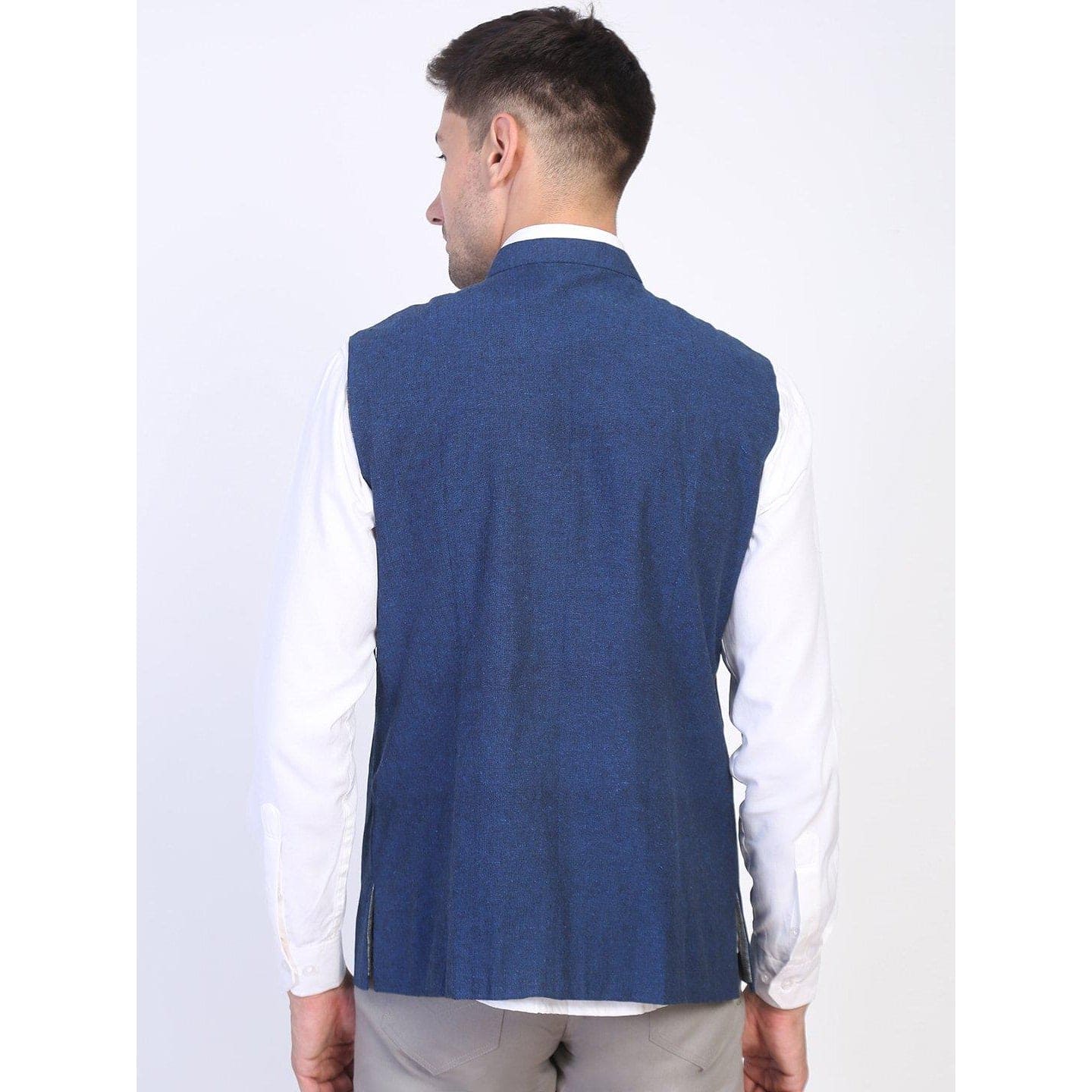 Blue Men Khadi Cotton Sadri - Charkha TalesBlue Men Khadi Cotton Sadri