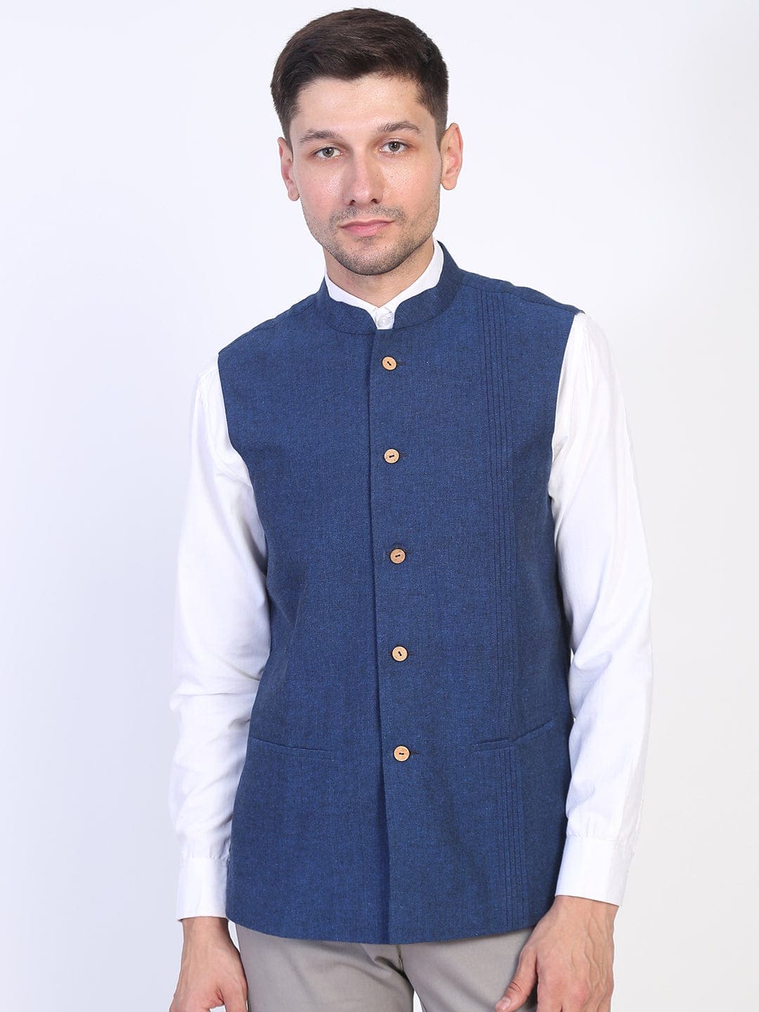 Blue Men Khadi Cotton Sadri - Charkha TalesBlue Men Khadi Cotton Sadri