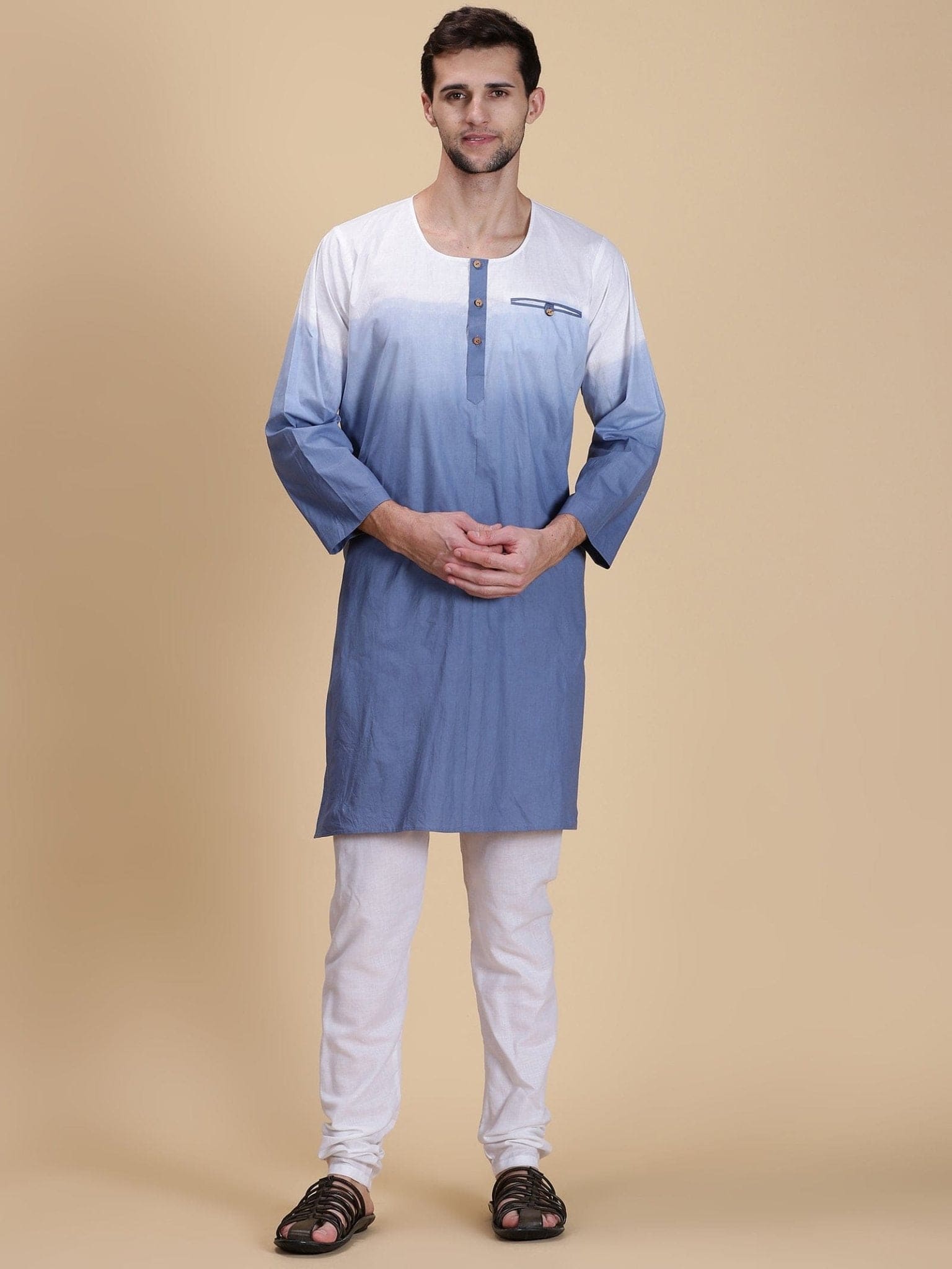 Blue Ombre Dyed Men Long Kurta Set - Charkha TalesBlue Ombre Dyed Men Long Kurta Set