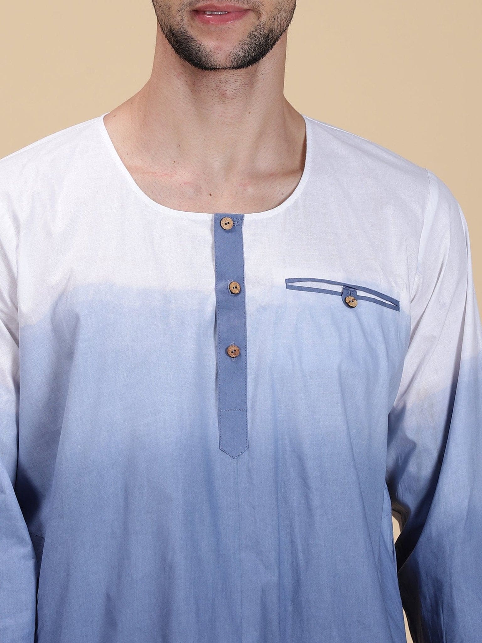 Blue Ombre Dyed Men Long Kurta Set - Charkha TalesBlue Ombre Dyed Men Long Kurta Set
