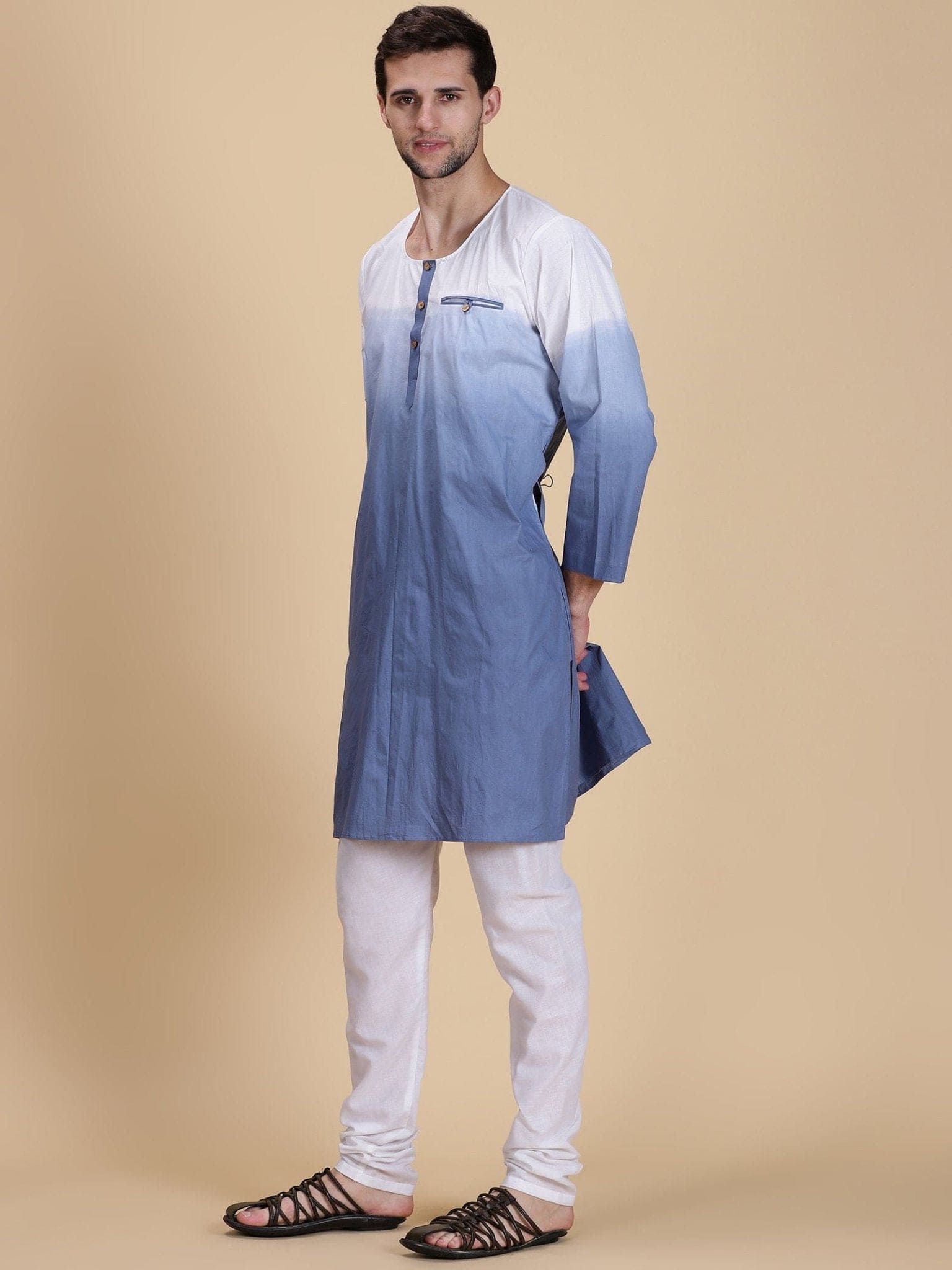 Blue Ombre Dyed Men Long Kurta Set - Charkha TalesBlue Ombre Dyed Men Long Kurta Set