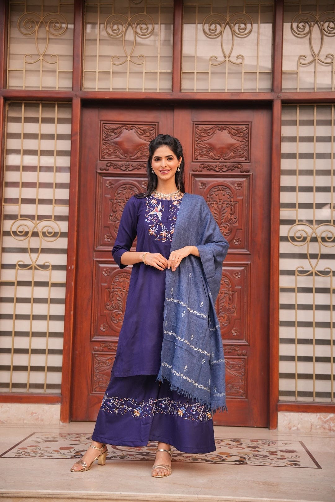 Blue Parsi Wool Embroidered Kurta Set - Charkha TalesBlue Parsi Wool Embroidered Kurta Set