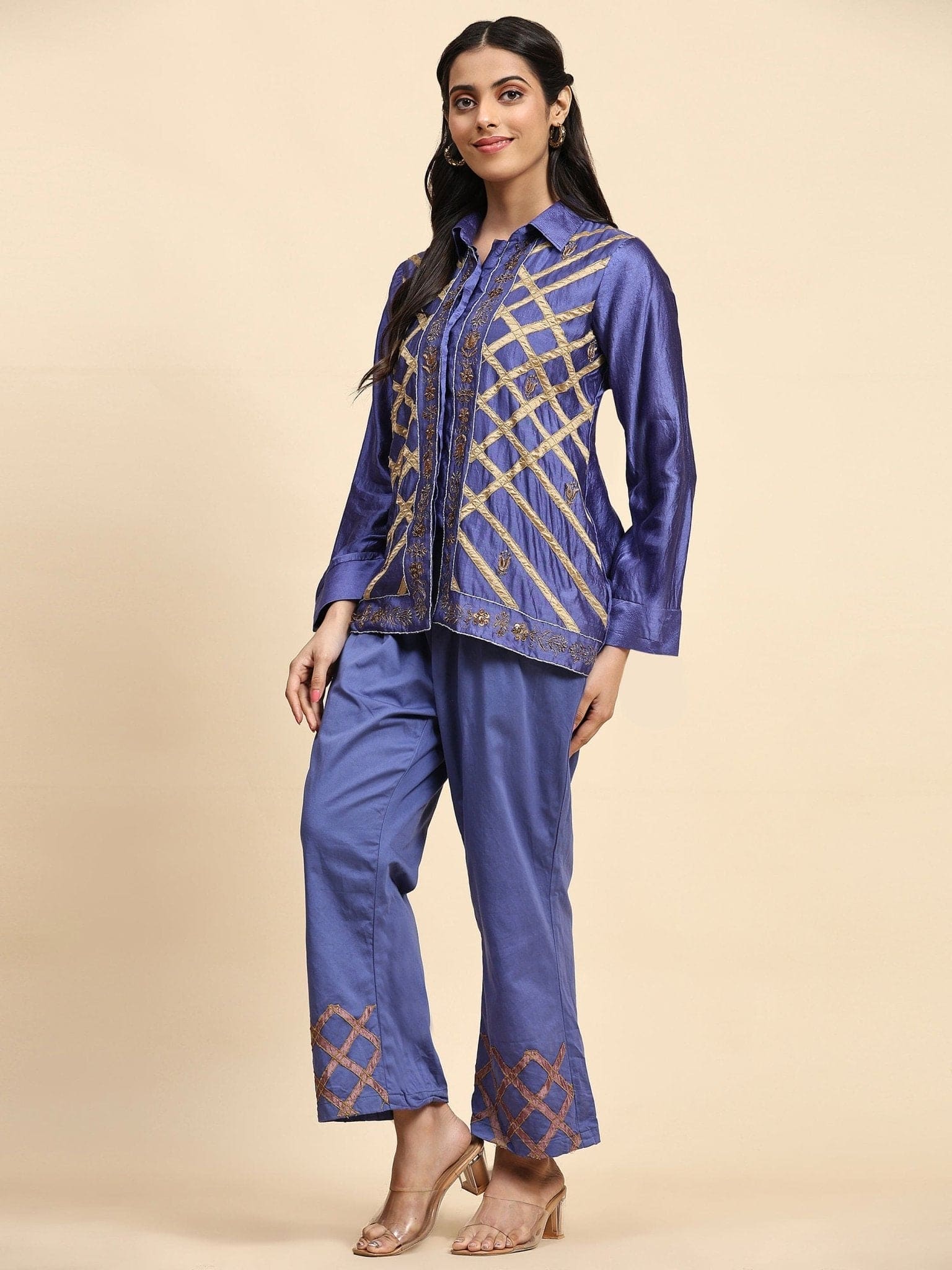 Blue Patch Work Silk Co-ord Set - Charkha TalesBlue Patch Work Silk Co-ord Set