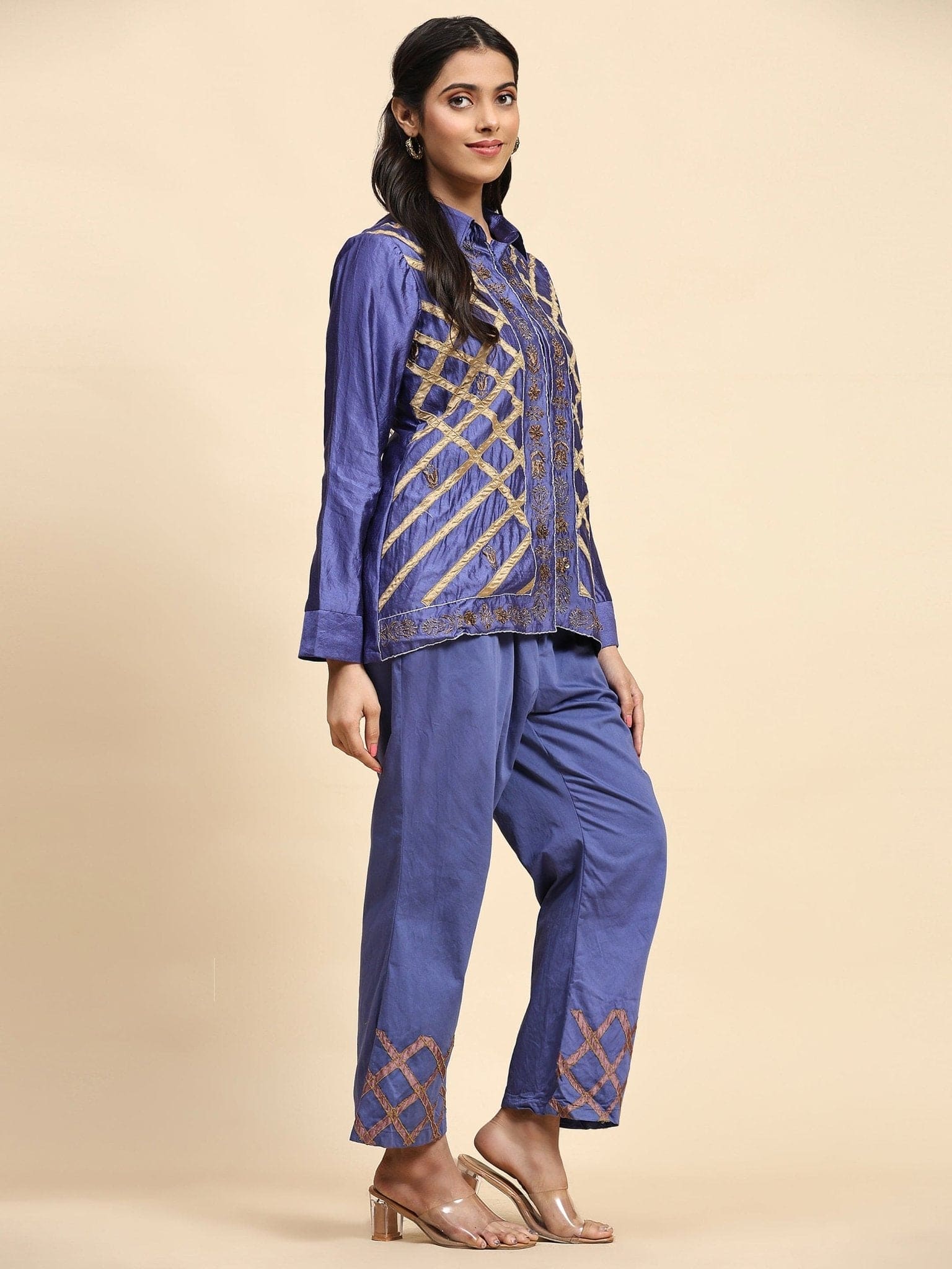 Blue Patch Work Silk Co-ord Set - Charkha TalesBlue Patch Work Silk Co-ord Set