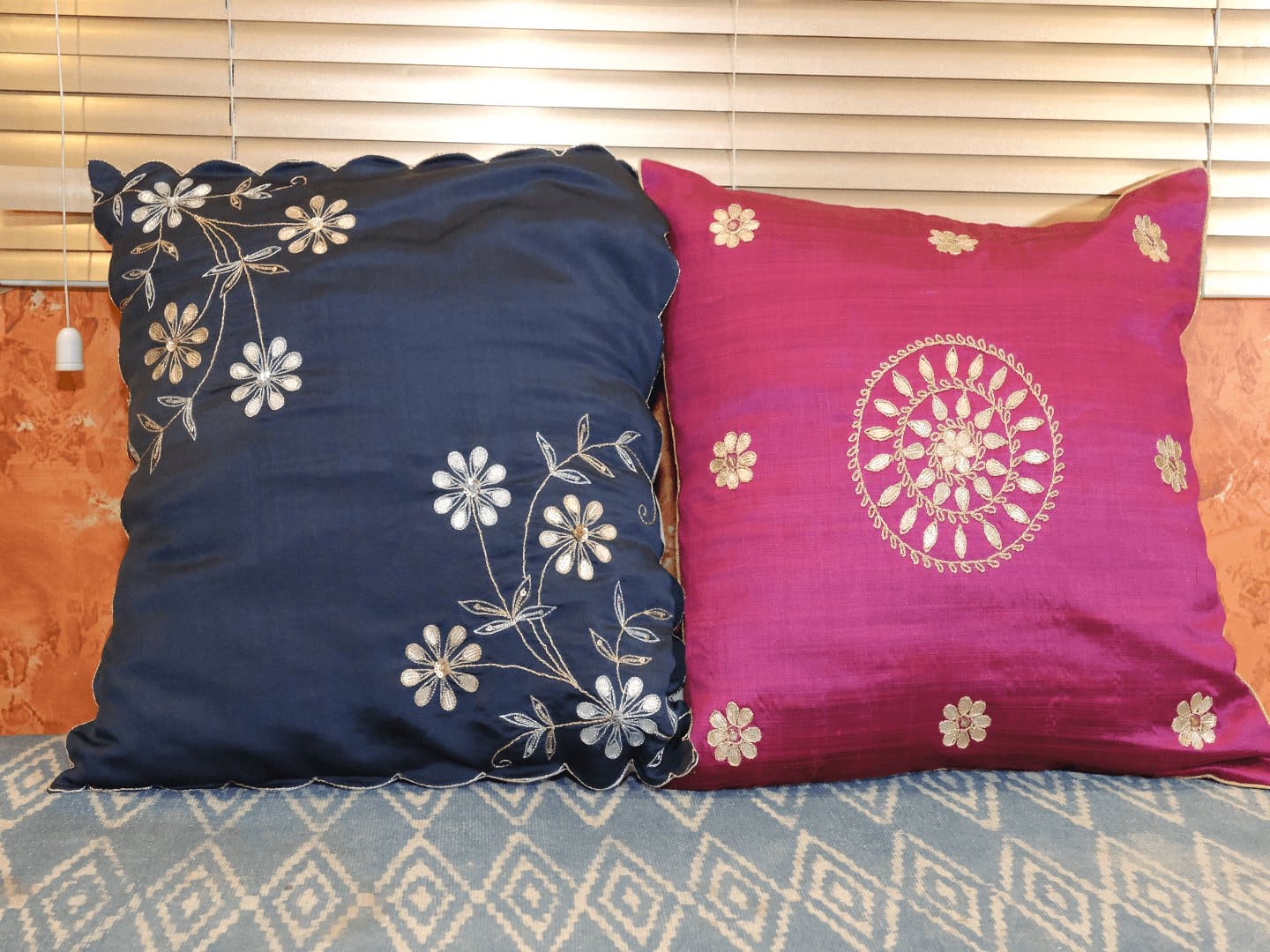 Blue & Pink Gota Compliment Cushion Cover - Charkha TalesBlue & Pink Gota Compliment Cushion Cover