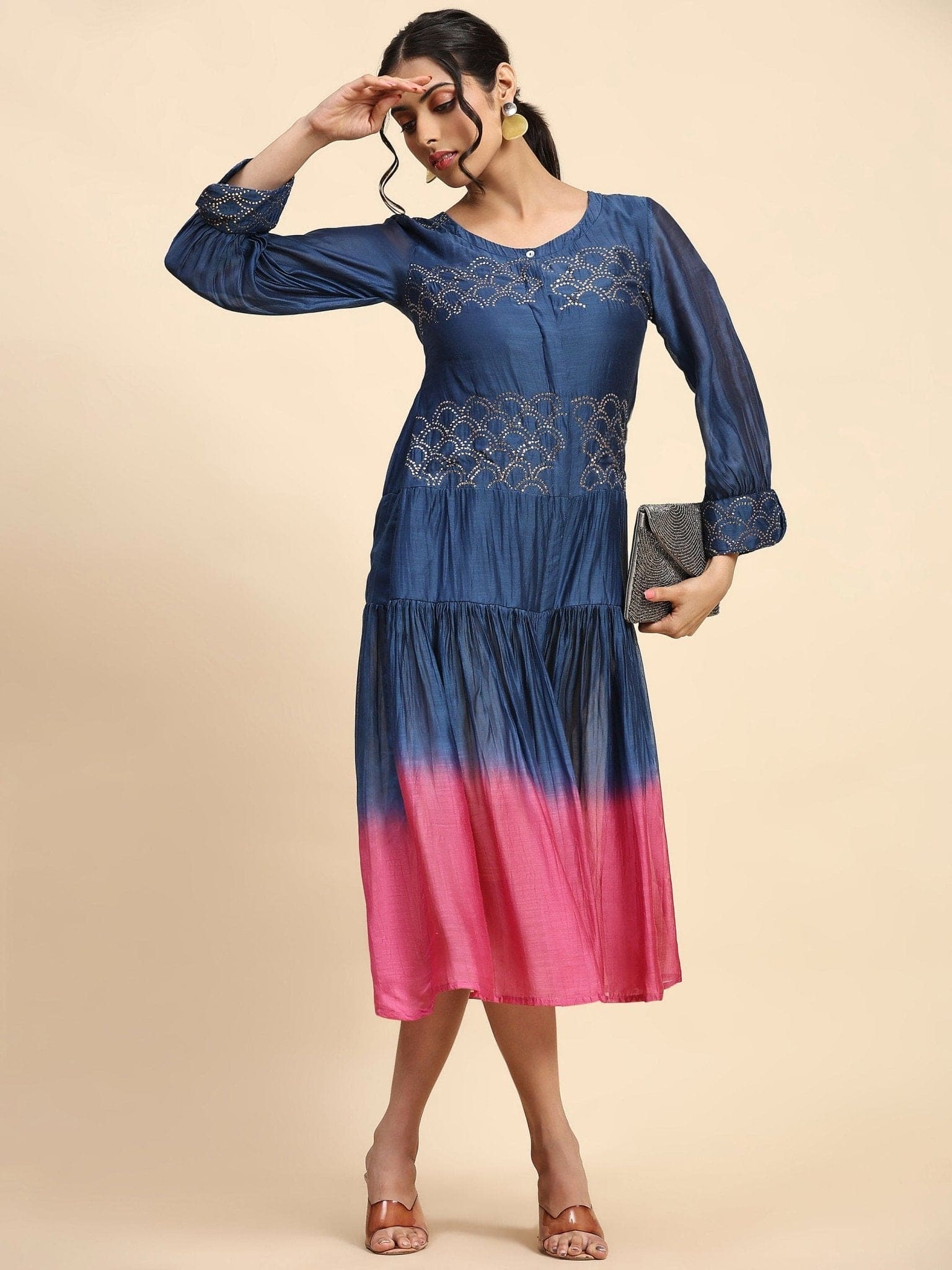 Blue & Pink Mukaish Chanderi Dress - Charkha TalesBlue & Pink Mukaish Chanderi Dress