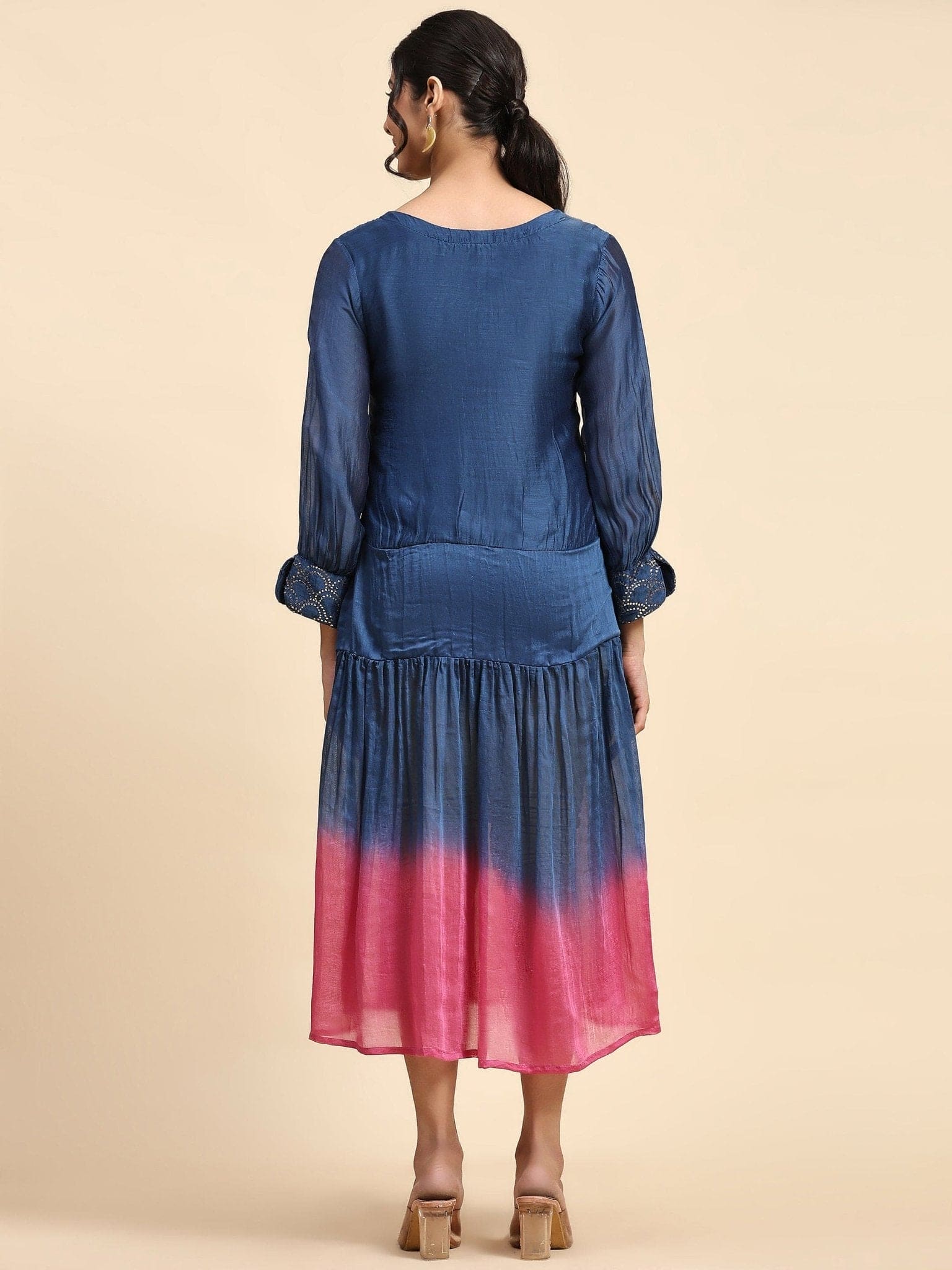 Blue & Pink Mukaish Chanderi Dress - Charkha TalesBlue & Pink Mukaish Chanderi Dress