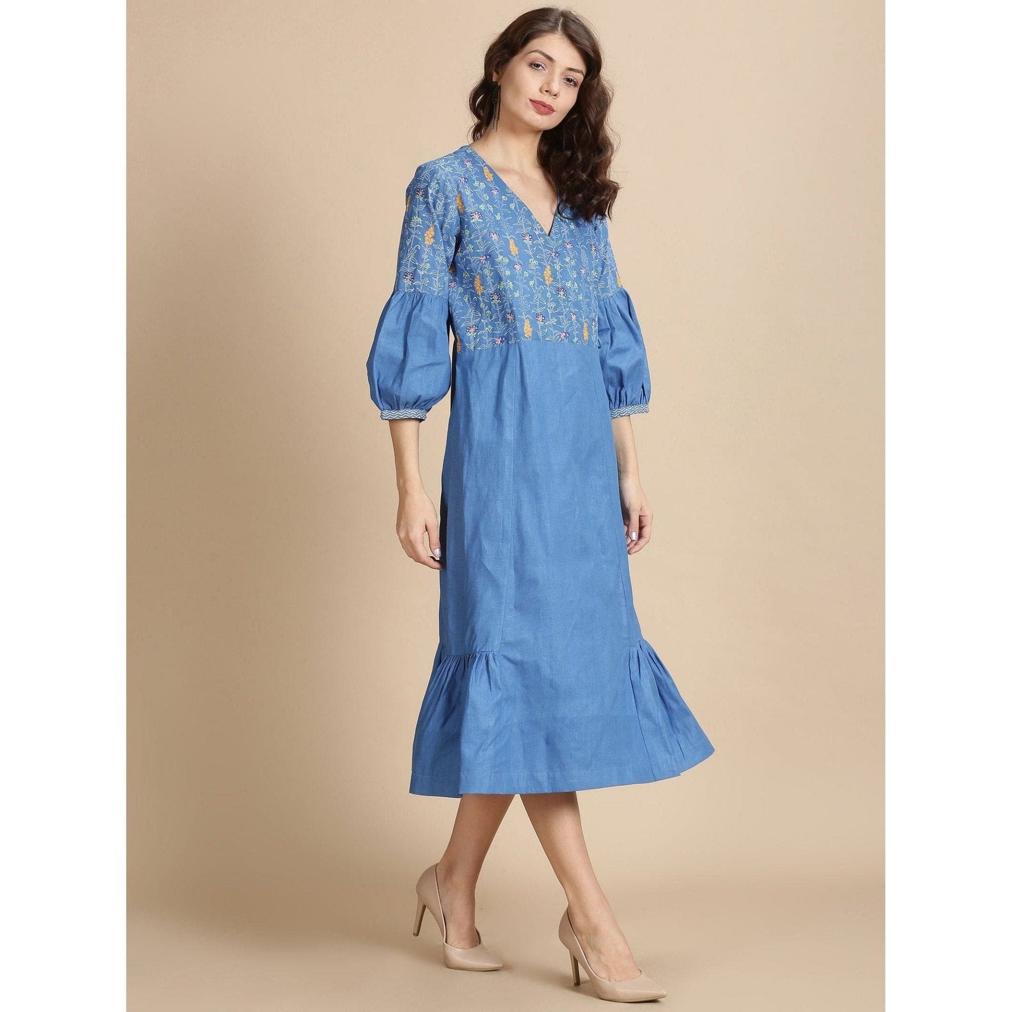 Blue Sanganeri Block Print Dress - Charkha TalesBlue Sanganeri Block Print Dress