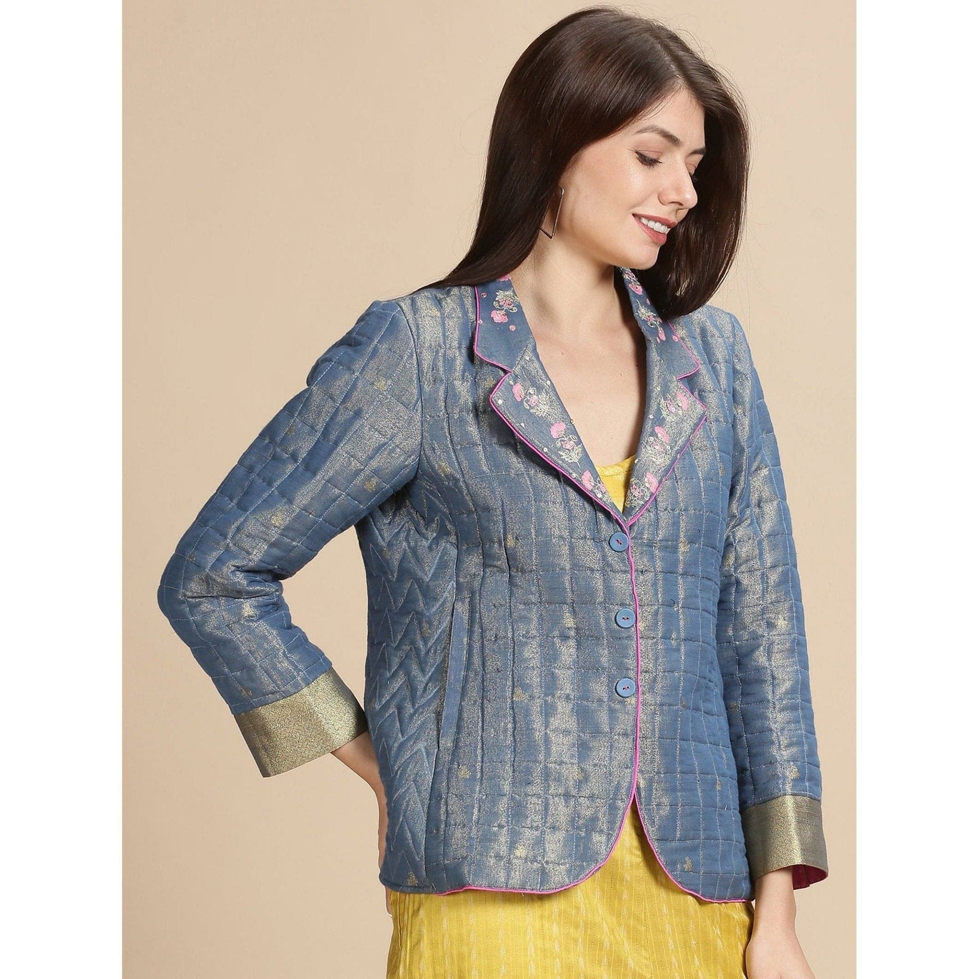 Blue Silk Zari Quilted Jacket - Charkha TalesBlue Silk Zari Quilted Jacket