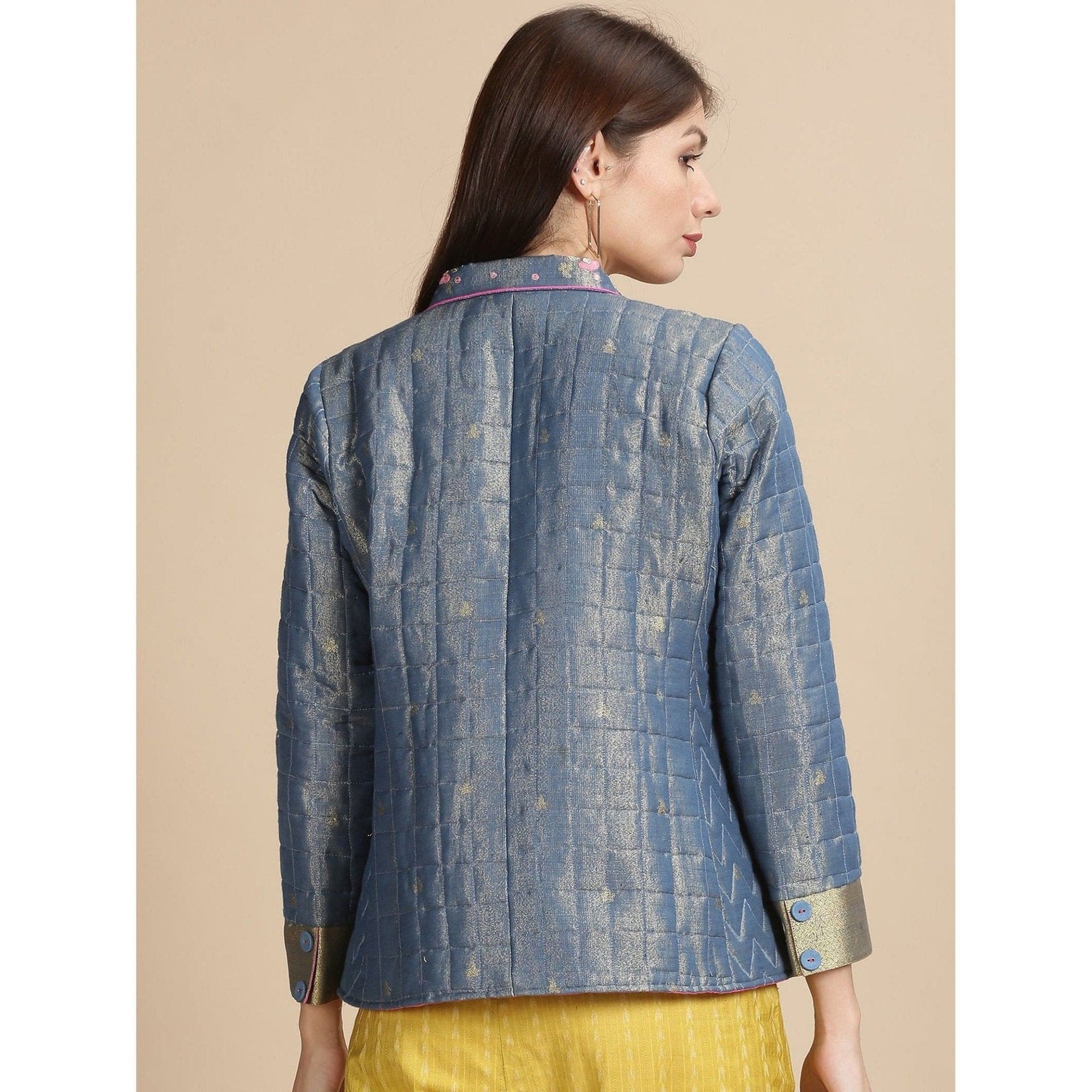 Blue Silk Zari Quilted Jacket - Charkha TalesBlue Silk Zari Quilted Jacket