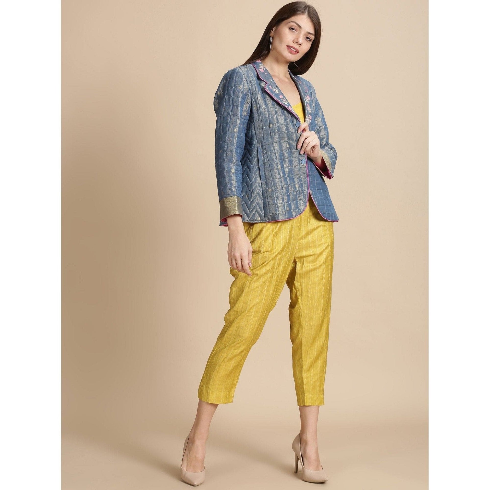 Blue Silk Zari Quilted Jacket - Charkha TalesBlue Silk Zari Quilted Jacket
