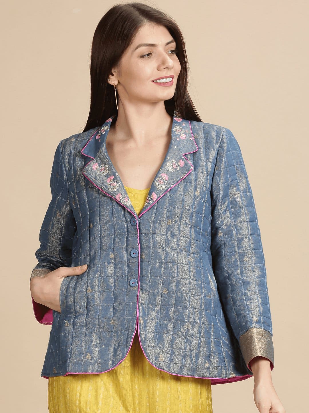 Blue Silk Zari Quilted Jacket - Charkha TalesBlue Silk Zari Quilted Jacket