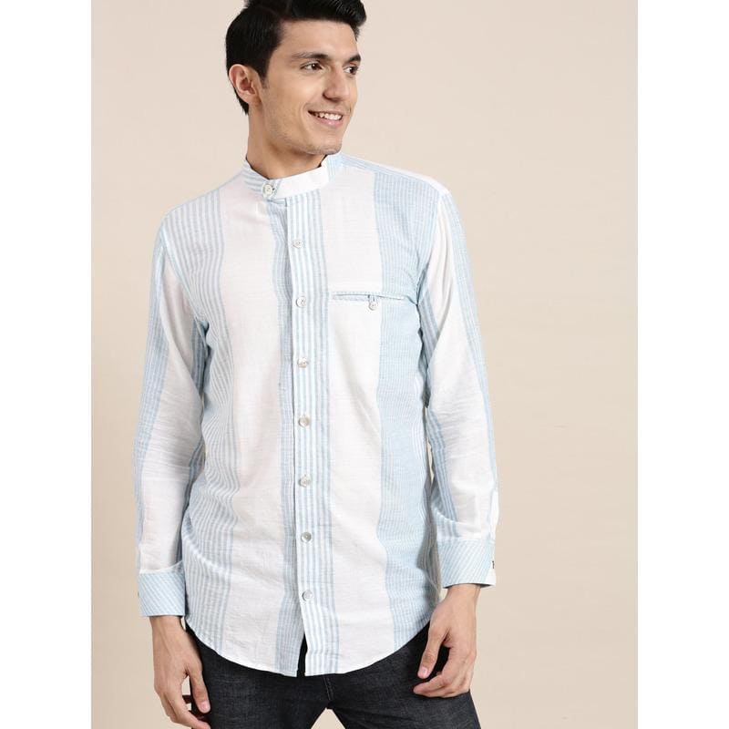 Blue Striped Khadi Men Shirt - Charkha TalesBlue Striped Khadi Men Shirt