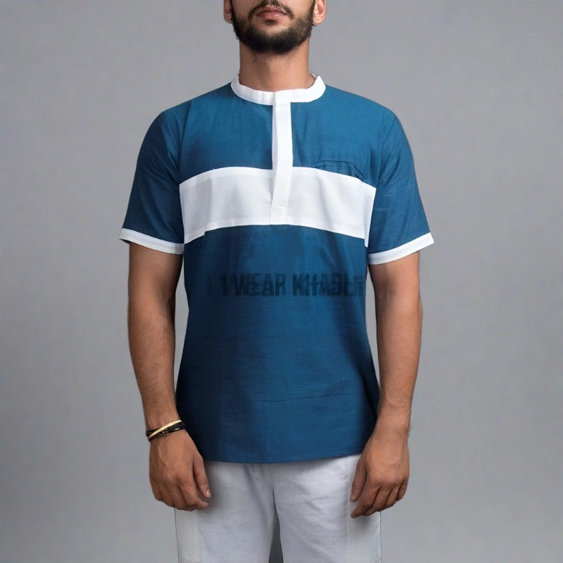 Blue-White Khadi Yoga Kurta Set - Charkha TalesBlue-White Khadi Yoga Kurta Set
